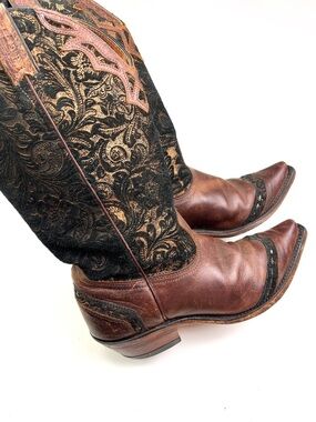 Boulet Double H Black Floral Velvet Brown Leather Western Cowgirl Boots size 8